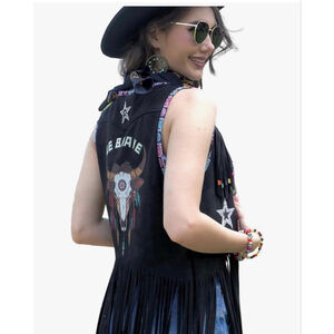 NEW Tassel Sleeveless Rhinestone Cowgirl 70s Hippie vegan Suede Fringe Vest